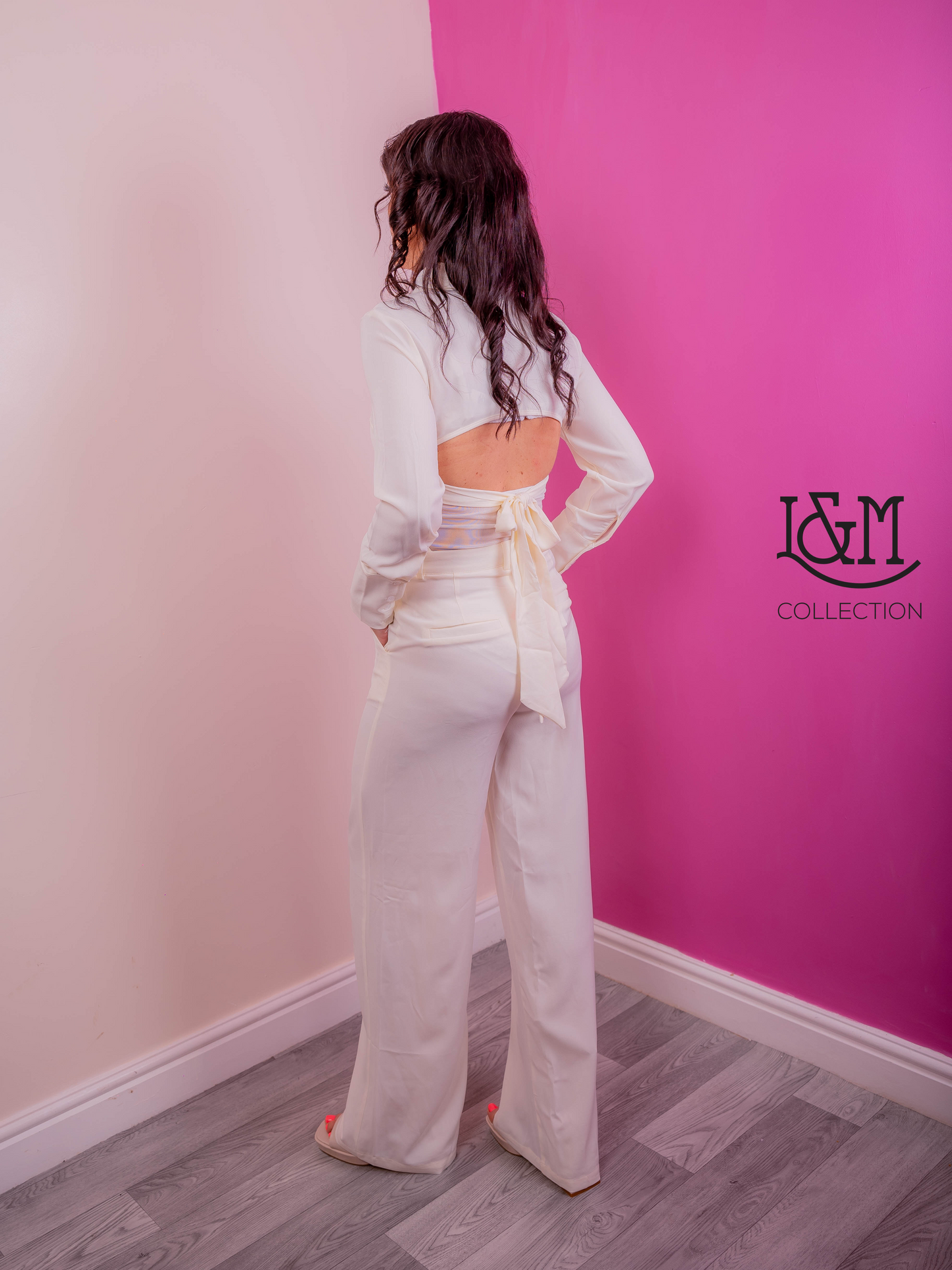 High Waist Wide Leg Trousers & fitted shirt in Off White