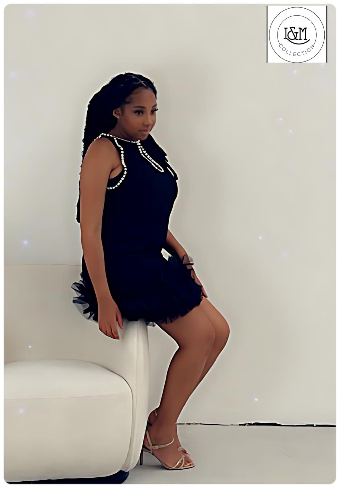 Mimi Black Mini Dress with Diamante Neckline and Tulle Hem