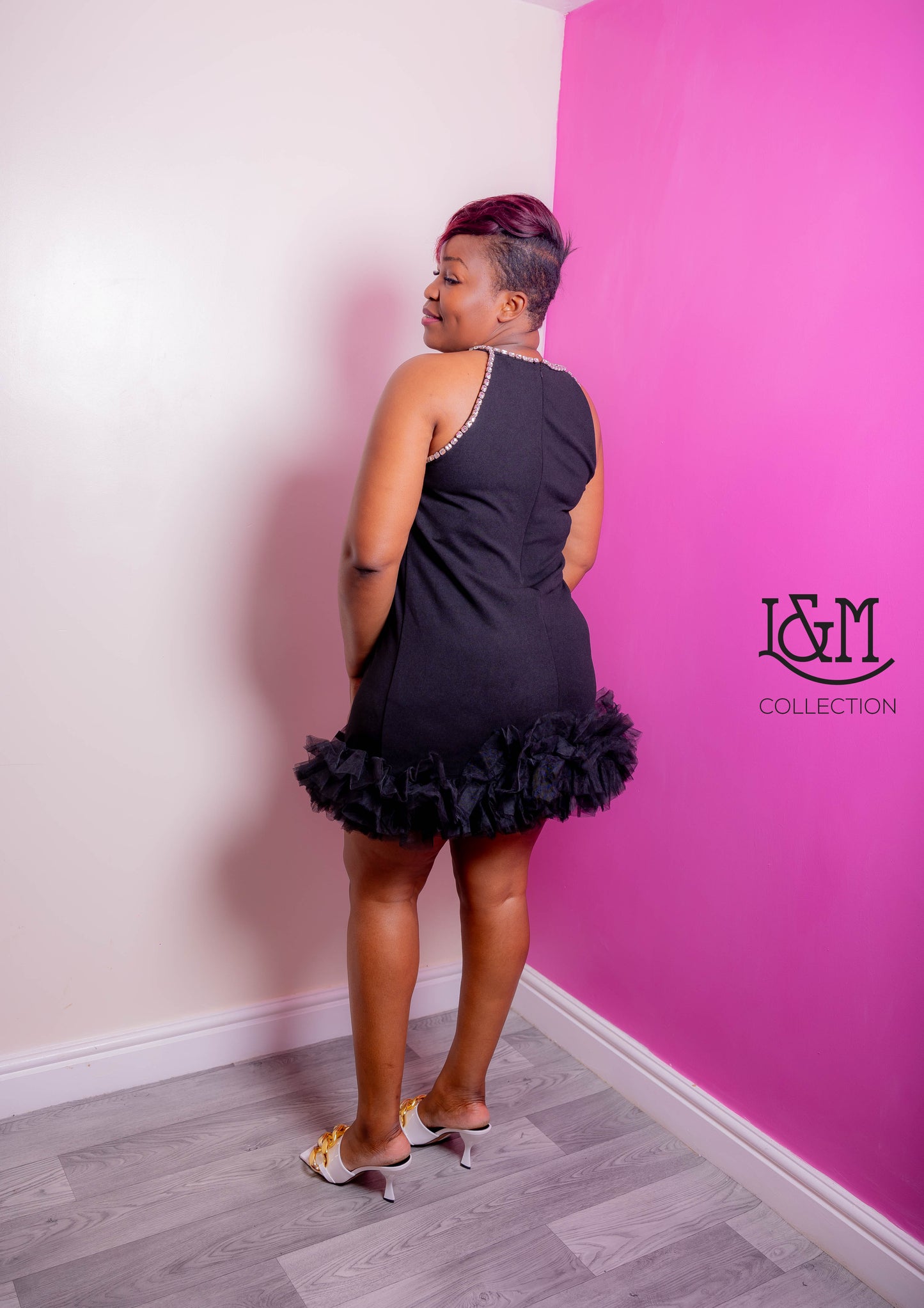 Mimi Black Mini Dress with Diamante Neckline and Tulle Hem