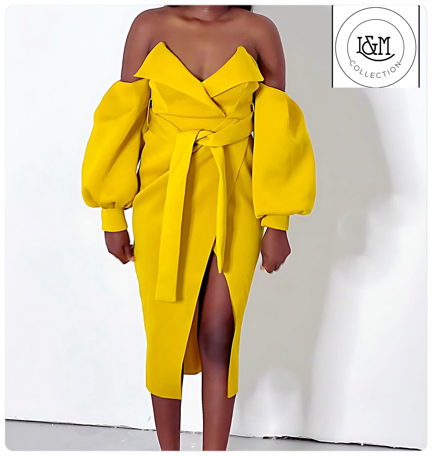 Scuba Off-Shoulder Midi Dress in Mustard
