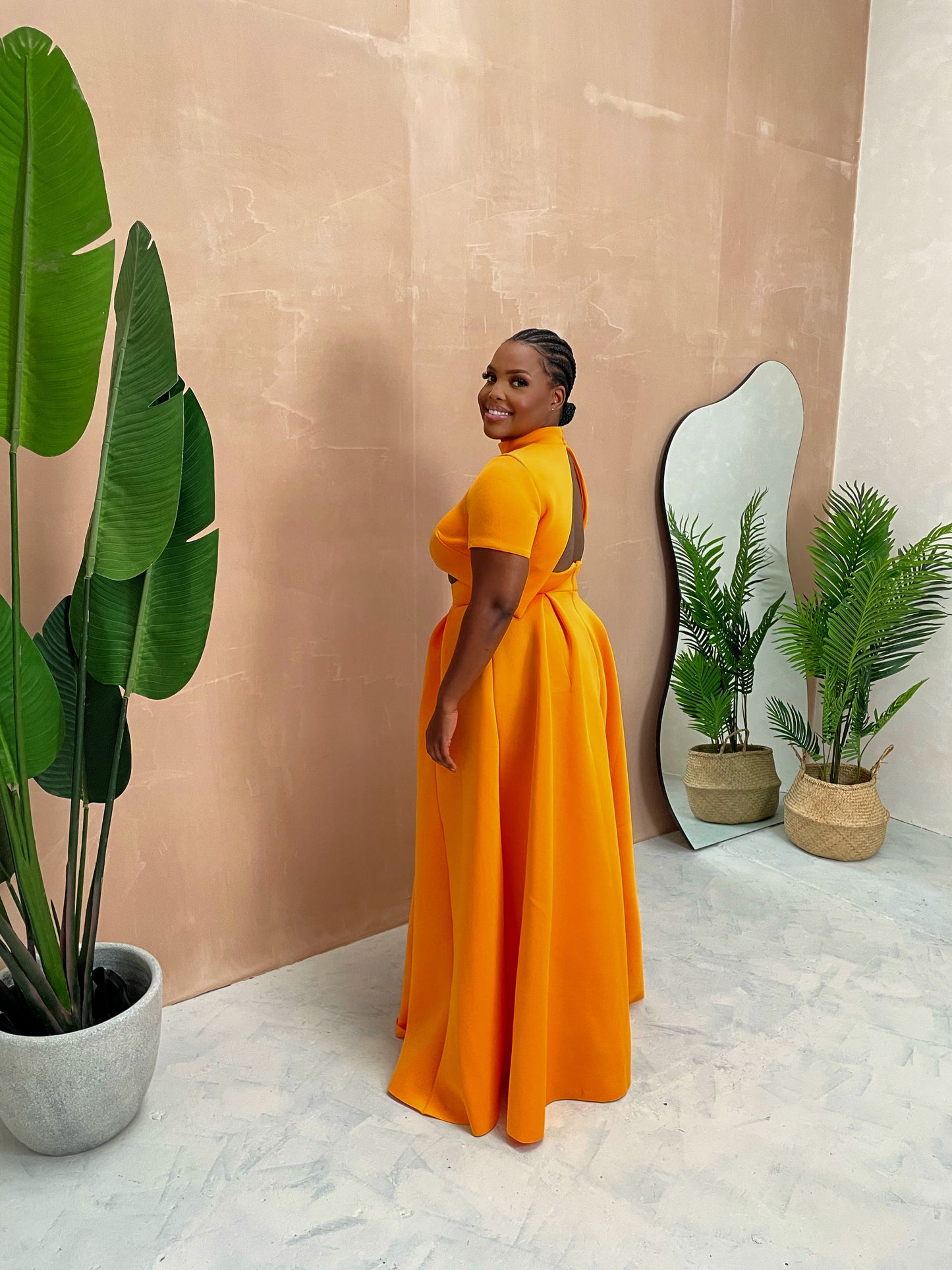 Mandarin Scuba Cutout Maxi Dress in Vibrant Orange