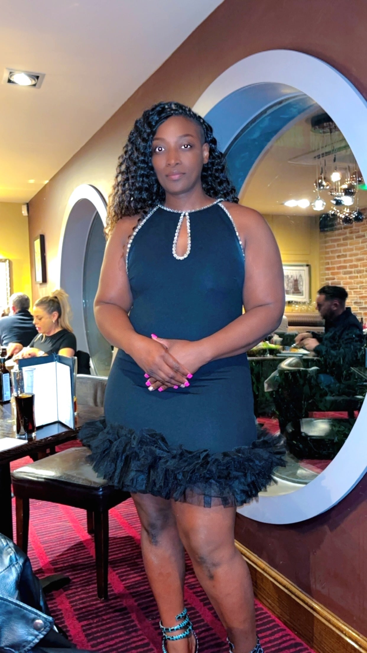 Mimi Black Mini Dress with Diamante Neckline and Tulle Hem
