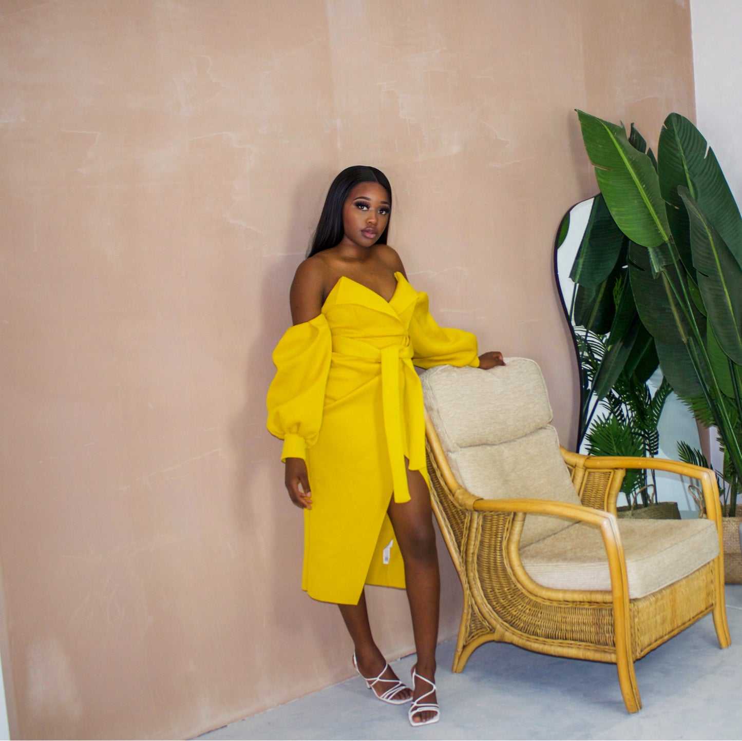 Scuba Off-Shoulder Midi Dress in Mustard