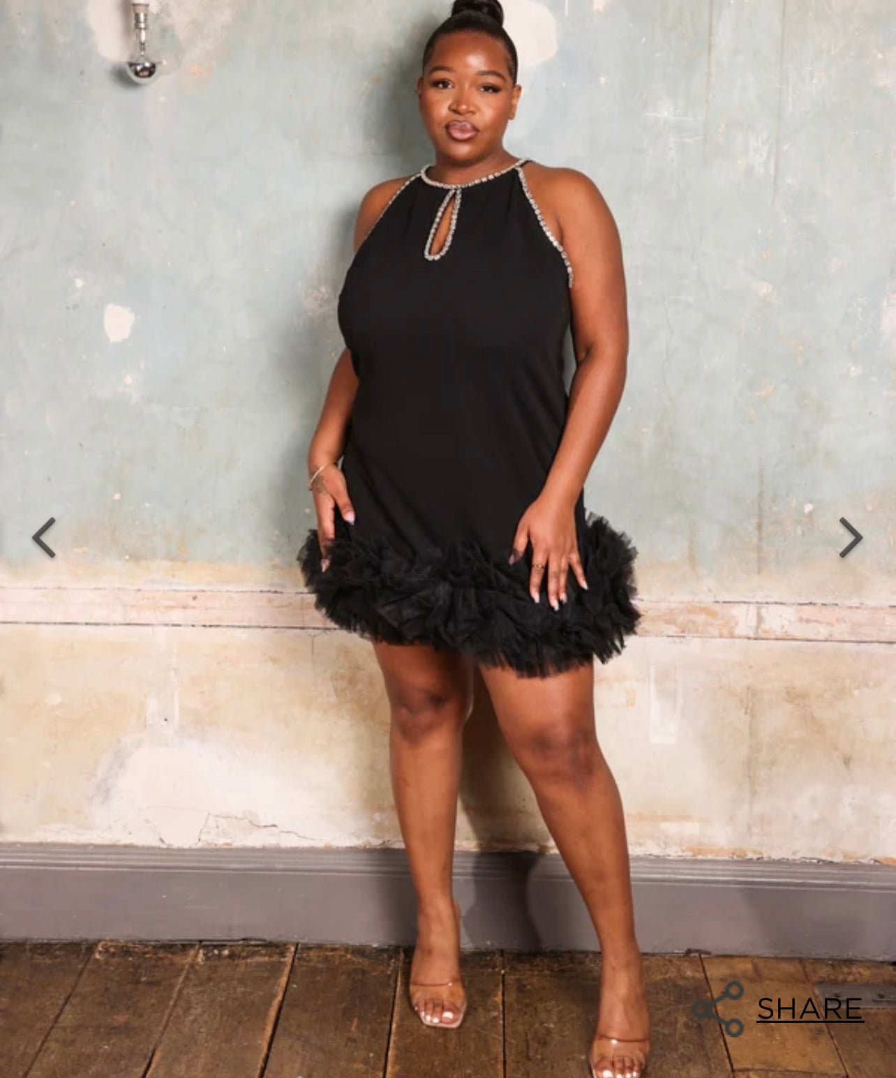 Mimi Black Mini Dress with Diamante Neckline and Tulle Hem