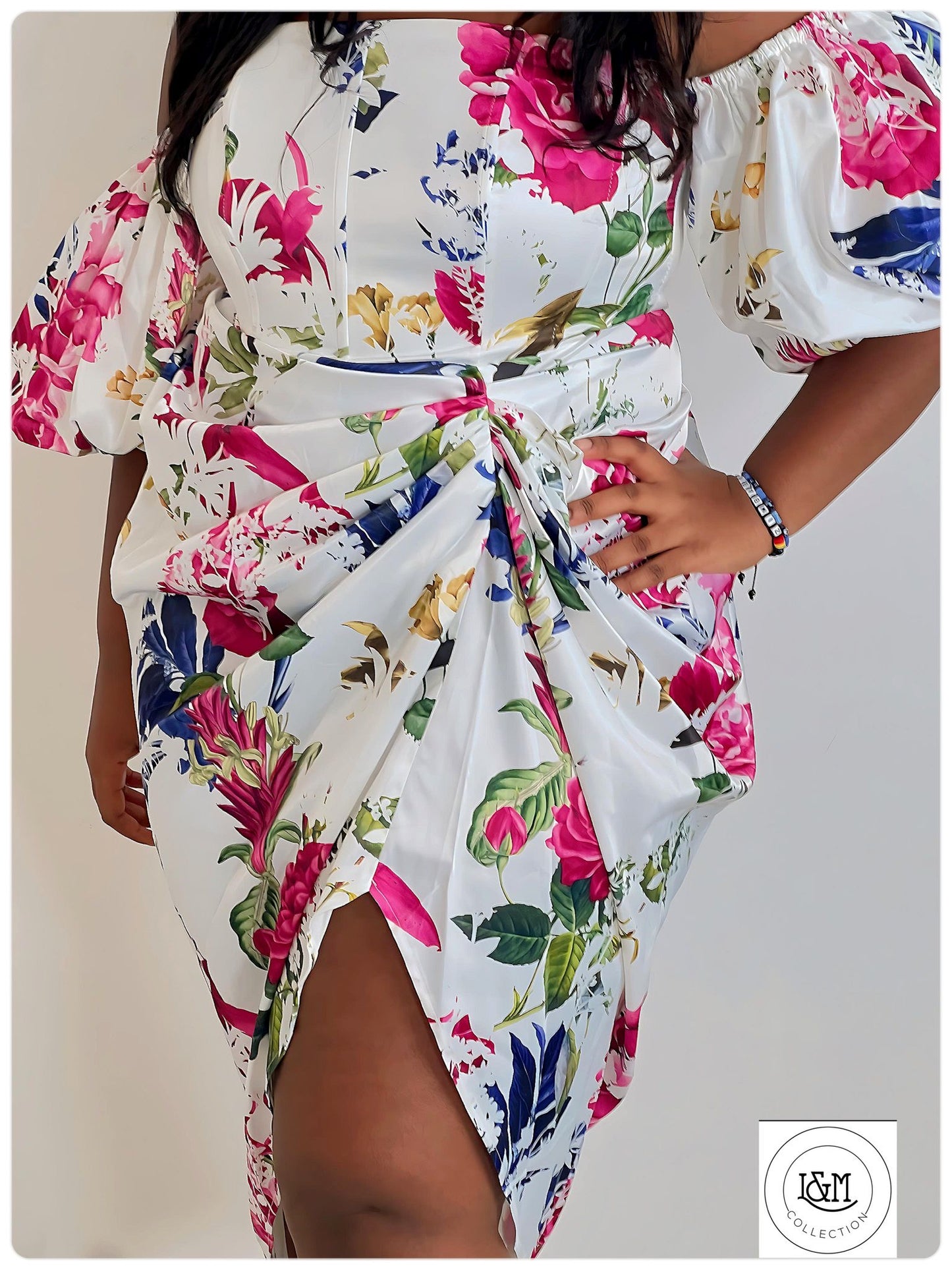 Lulu Corset Dress with Midi Draped Skirt and Volume Sleeve