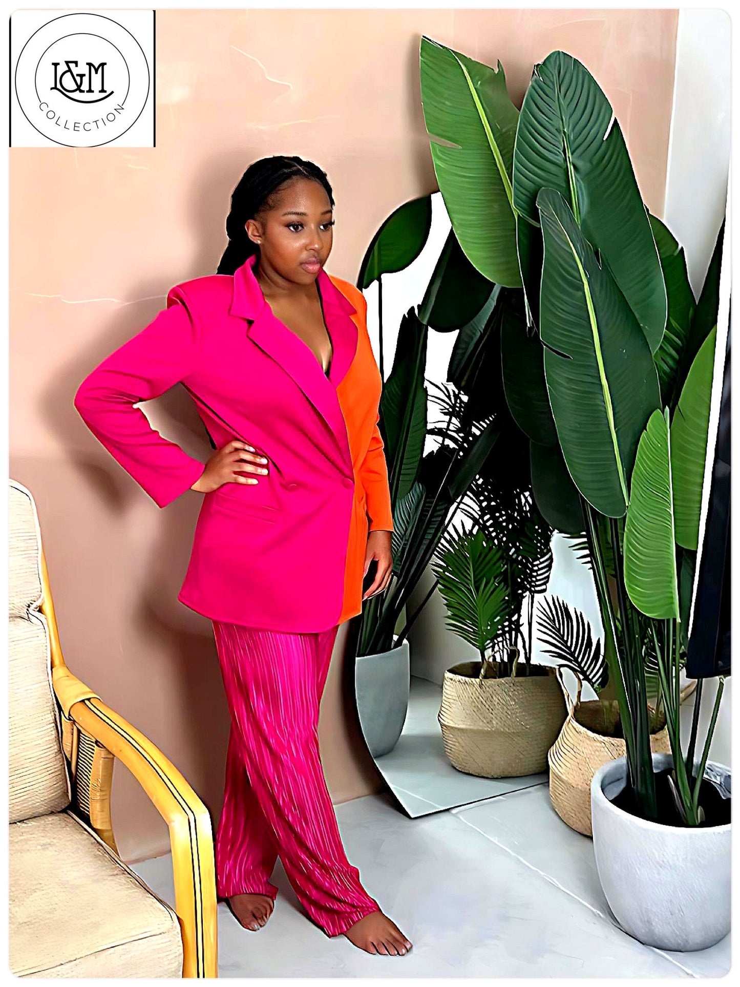 Pink & Orange Colour-Blocked Blazer with Co-ord pants