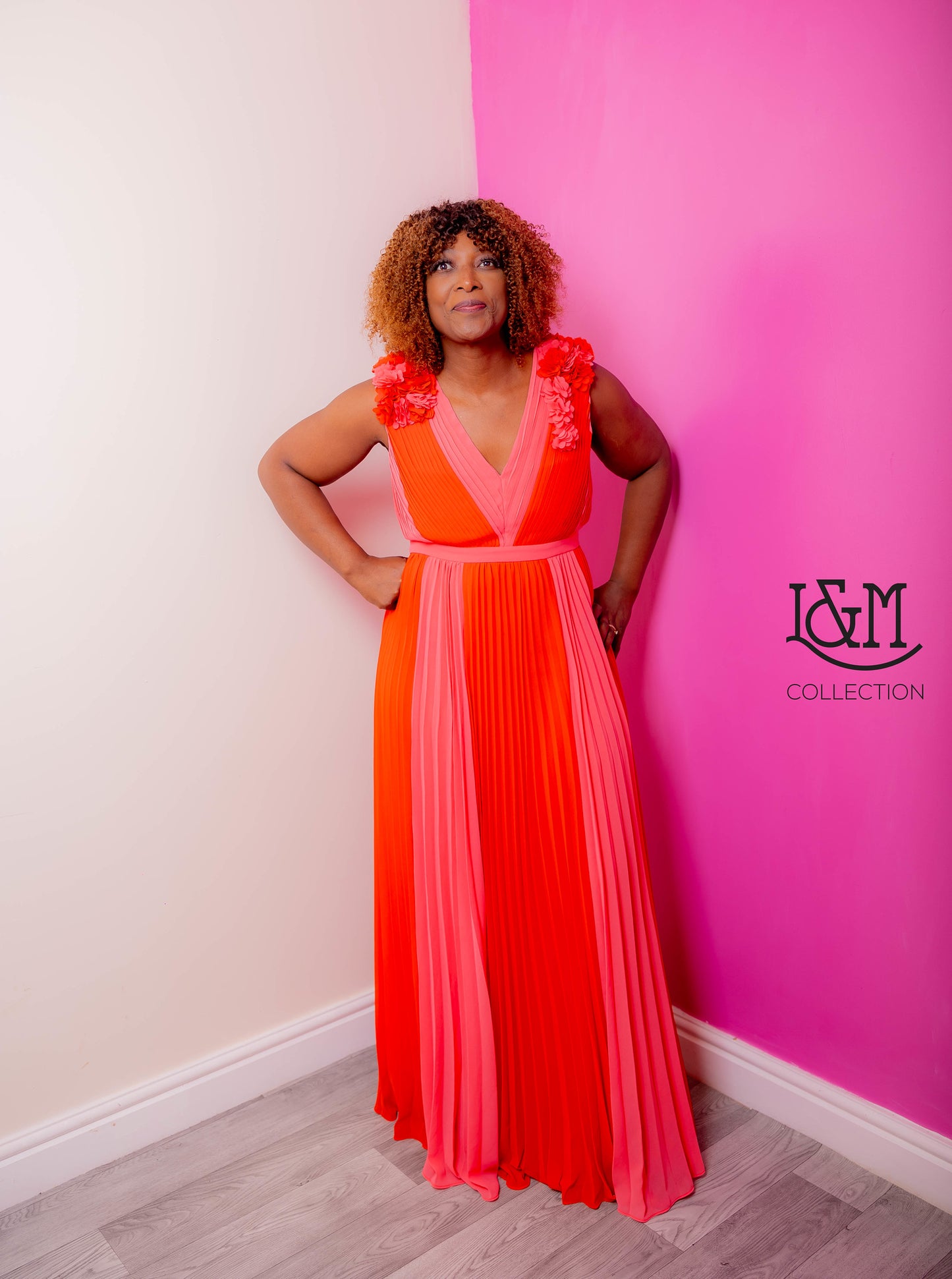 L&M Leona Pleated Maxi Dress in Pink and Red
