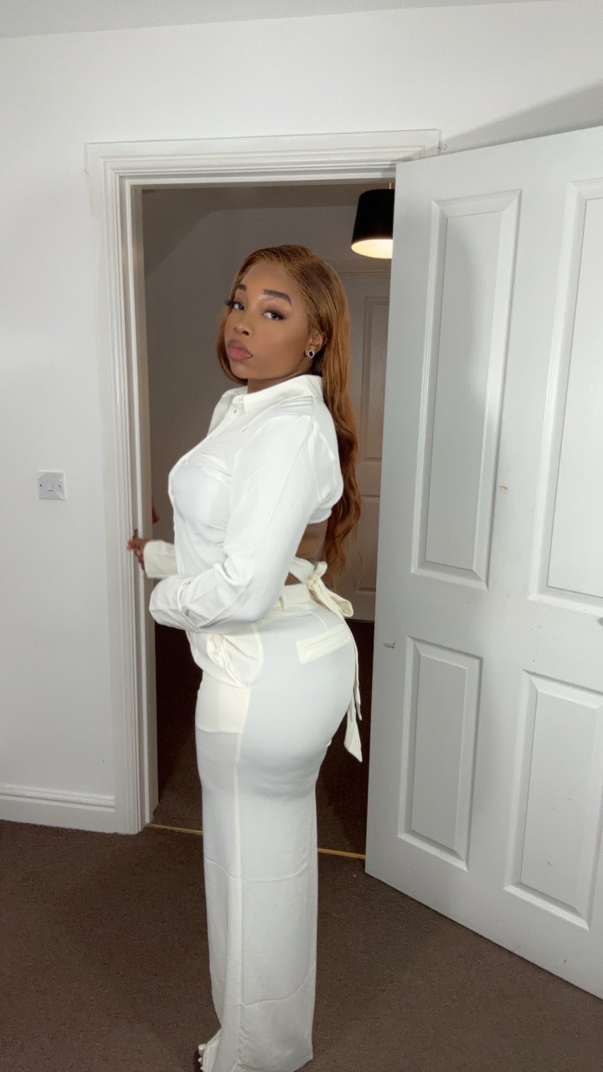 High Waist Wide Leg Trousers & fitted shirt in Off White