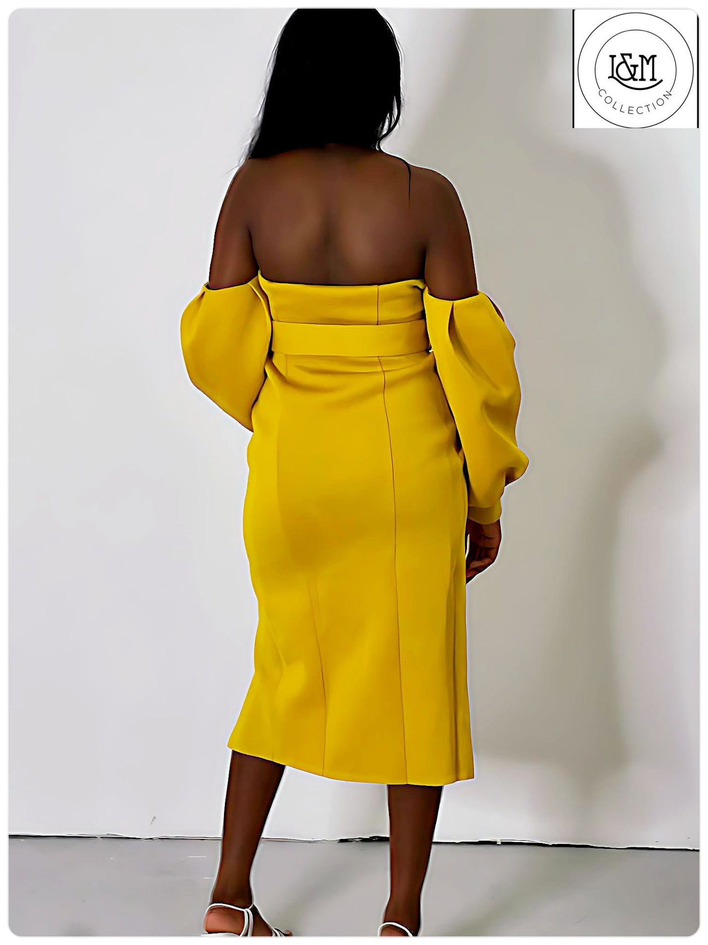 Scuba Off-Shoulder Midi Dress in Mustard