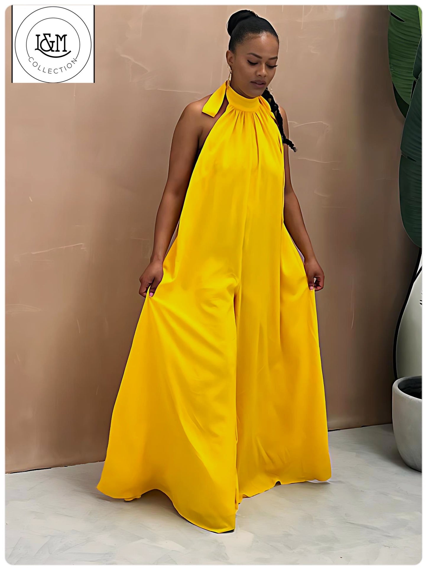 Stacey High-Neck Satin Jumpsuit in Yellow