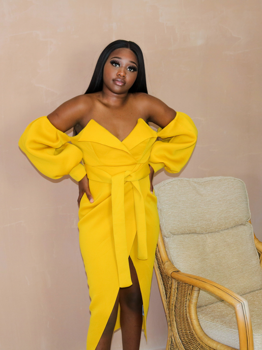 Scuba Off-Shoulder Midi Dress in Mustard